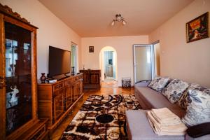 a living room with a couch and a flat screen tv at Casa de oaspeți in Brad