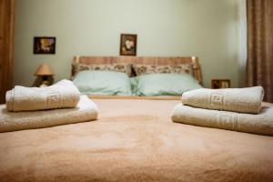 a bedroom with a bed with two pillows on the floor at Casa de oaspeți in Brad