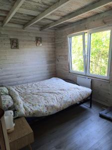 a bedroom with a bed in a room with windows at Wilcza Polana Domki koło Międzygórza z jacuzzi i sauną in Jaworek