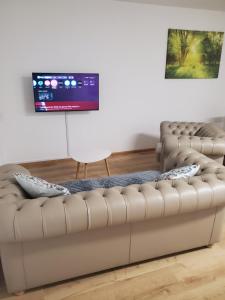 a living room with a couch and a flat screen tv at Apartament Flora in Mahlberg