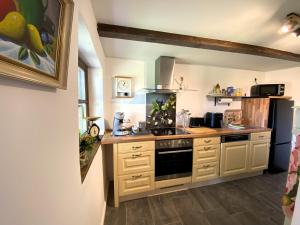 a kitchen with a stove and a refrigerator at Charmante Ferienwohnung unter Reet in Windbergen