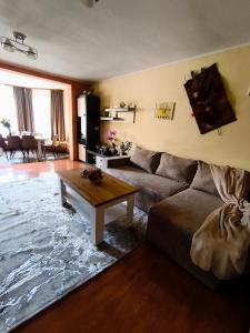 a living room with a couch and a coffee table at Casa Georgeta in Câmpulung Moldovenesc