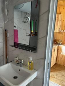 a bathroom with a white sink and a mirror at Cloudtop House - Gomismta in Gomi +43 photos