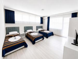 a room with three beds and a flat screen tv at Anadolu Hotel in Istanbul