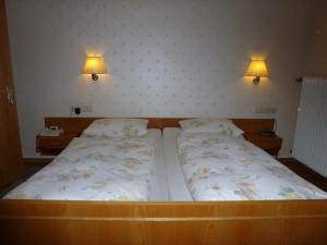 1 dormitorio con 2 camas y 2 luces en la pared en Waldschlösschen, en Bad Herrenalb