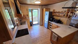 a kitchen with a refrigerator and a counter top at Zejmarka in Mlynky