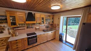 a large kitchen with wooden cabinets and a large window at Zejmarka in Mlynky