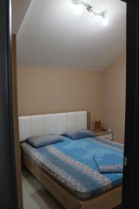 a bedroom with a large bed with blue sheets at Aurora Residence in Nalježići