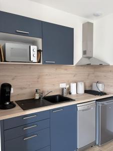 a kitchen with blue cabinets and a sink at Appartement SUOMI in Saint-Sorlin-en-Bugey