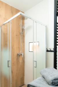 a shower with a glass door in a bedroom at Apartmán Mafin in Jáchymov