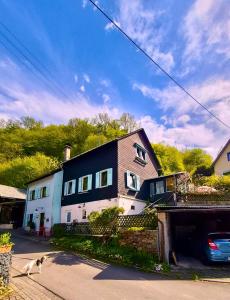 a cat walking in front of a house at Ferienappartement Tal der Liebe in Sauerthal