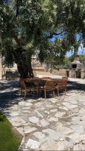 a wooden table and benches under a tree at Parea House in Limenaria