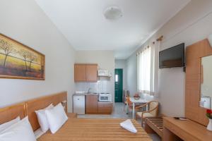 a small room with a bed and a kitchen at Synodinos Studios in Lixouri