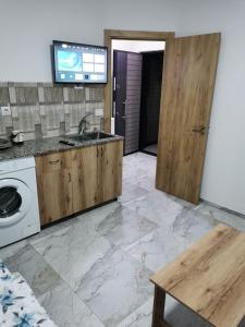 a kitchen with a sink and a washing machine at Villa SeFa in Struga