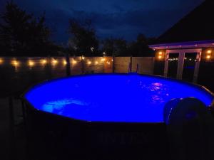a blue swimming pool at night with lights at Heidezee in Dishoek in Dishoek +26 photos