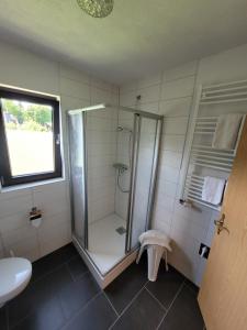 a bathroom with a shower and a sink at Pension Schöne Aussicht in Witzenhausen +106 photos