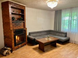 a living room with a couch and a fireplace at Lake&Forest&City in Riga +48 photos