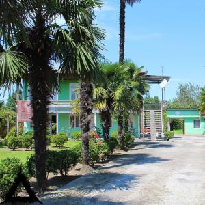 a green building with palm trees in front of it at Vefxos Guest home in Anaklia