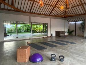 a room with a gym with a purple ball and a box at Villa YAMI Uluwatu Private Infinity Pool Jungle Views in Ungasan
