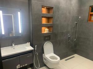 a bathroom with a toilet and a shower and a sink at Elysian Ridge Villa in Welimada