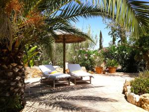 two chairs and an umbrella on a patio at Finca Alqueria Fosca in Campos