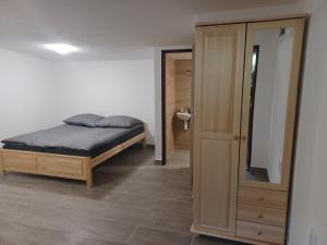 a bedroom with a bed and a mirror and a bathroom at Rekreačná chata TERASA in Železničná Stanica Šiatoroš