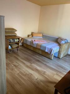a bedroom with a large bed and a night stand at Casa Roxana in Constanţa