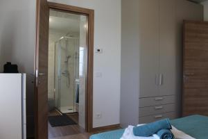 a bedroom with a walk in shower and a bed at CASA K2 - Lago Maggiore in Castelveccana