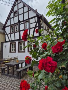 a house with red roses in front of it at RawertsRefugium in Bell