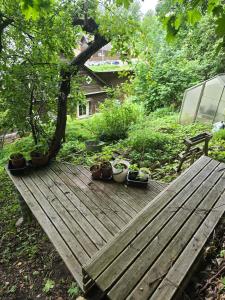 a wooden deck with potted plants on top of it at Unique and private summer apartment in Tartu +5 photos