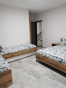 two beds in a room with a mirror at Villa SeFa in Struga