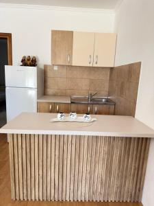 a kitchen with a wooden island in the middle at Apartments Ana - Airport shuttle option in Podgorica +15 photos