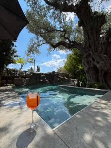a drink sitting on a table next to a swimming pool at Villa Steana in Makri