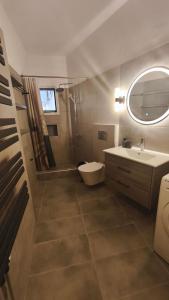 a bathroom with a sink and a toilet and a mirror at Raptis House in Karavostamo