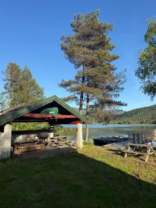a pavilion with a table and chairs next to a lake at Hafslo hytteutleige Straumane in Luster