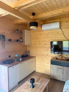 a kitchen with wooden walls and a wooden ceiling at Viaggio Berane in Berane