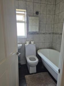 a bathroom with a toilet and a tub and a sink at Quiet and professional friendly in Cardiff