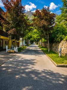 a street in a town with trees and buildings at Schlossli-Le Petit Chateau in Leukerbad