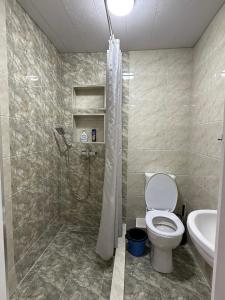 a bathroom with a shower and a toilet and a sink at Red-N House in Tashkent