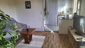 a living room with a couch and a table at l'oasis de paix in Dijon