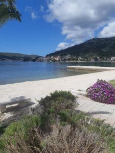 a bench sitting on a beach next to the water at Villa Marina in Poljica