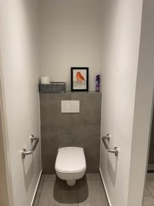 ein Badezimmer mit Toilette und einem Bild an der Wand in der Unterkunft Hoeilaart in Hoeilaart + 4 Fotos