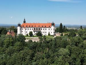 a castle on top of a hill with trees at Apartment Altes Kino in Sitzenberg