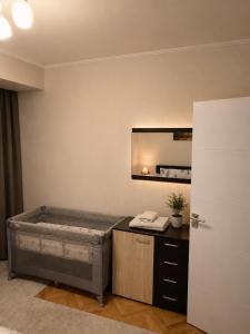 a bathroom with a tub and a mirror on the wall at Mitrovi Apartment in Gevgelija