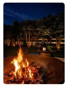 a fire pit with flames in a yard at night at Les pieds dans l'eau Tente transparente in Fleurville