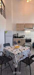 a kitchen with a table and two chairs and a refrigerator at Green Boat House in Skala