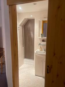 a bathroom with a shower and a sink at Pension MÍŠA in Velká Úpa