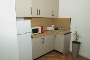 a kitchen with a white refrigerator and a sink at Ari's Arpartament in Beiuş +10 photos