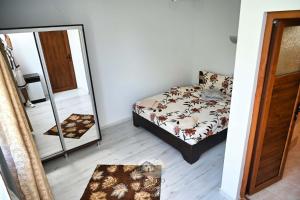 a bedroom with a bed and a mirror at Casa EBO in 2 Mai +6 photos