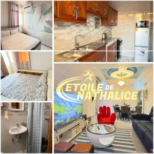 a collage of pictures of a kitchen and a living room at Etoile de Nathalice in Kinshasa +24 photos